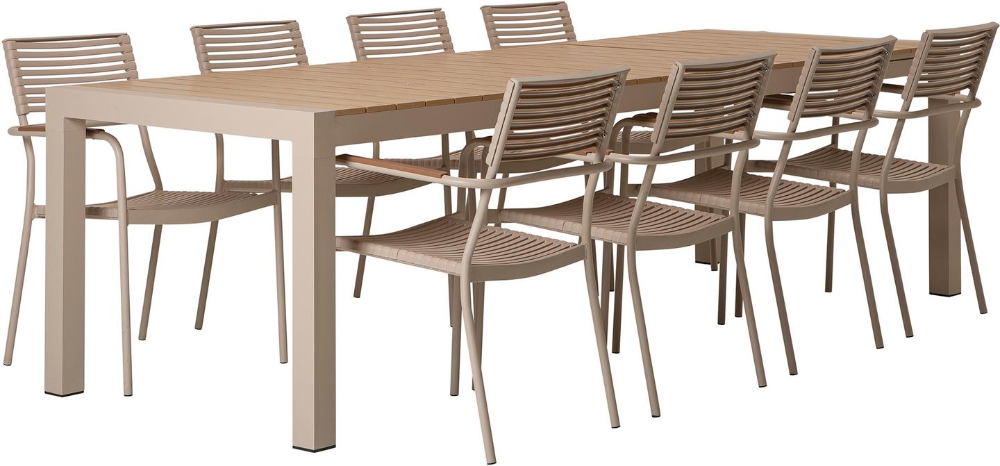 Saarni & Calle söögilaua komplekt 205-275x95cm, kaheksale, tuhapuu/khaki