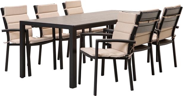 Aiamööbli söögilauakomplekt Dakota 205x90 cm, kuuele, must/helehall + beež istmepehmendus