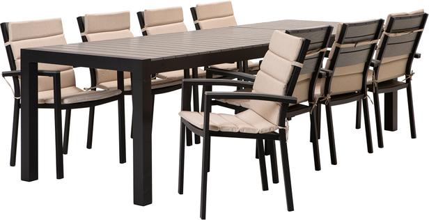 Dakota söögilaua komplekt (pikendatav) 205/275x95 kaheksale, must/helehall + beež istmepehmendus