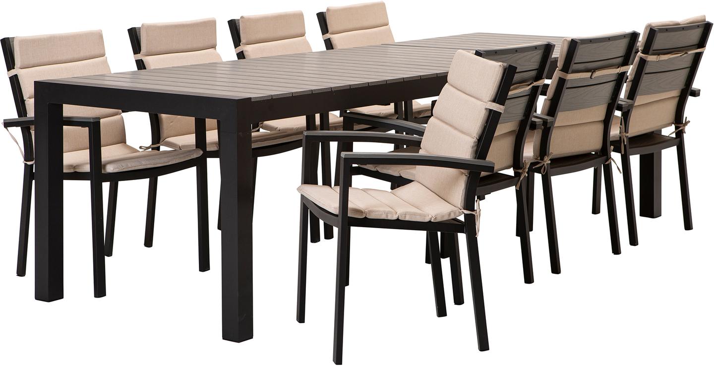Dakota söögilaua komplekt (pikendatav) 205/275x95 kaheksale, must/helehall + beež istmepehmendus