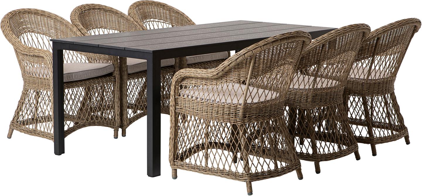 Seattle & Leona söögilaua komplekt 190x100 kuuele, must/natural