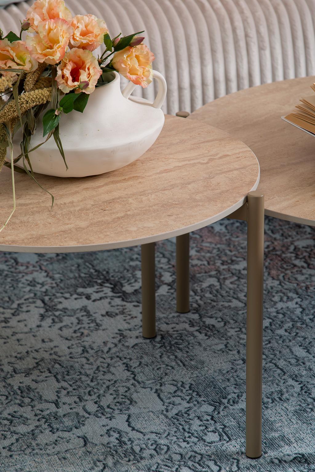 Laudadekomplekt Tilda ümmargused, 85 x 40 + 65 x 45, beežid kivist / metallist jalad