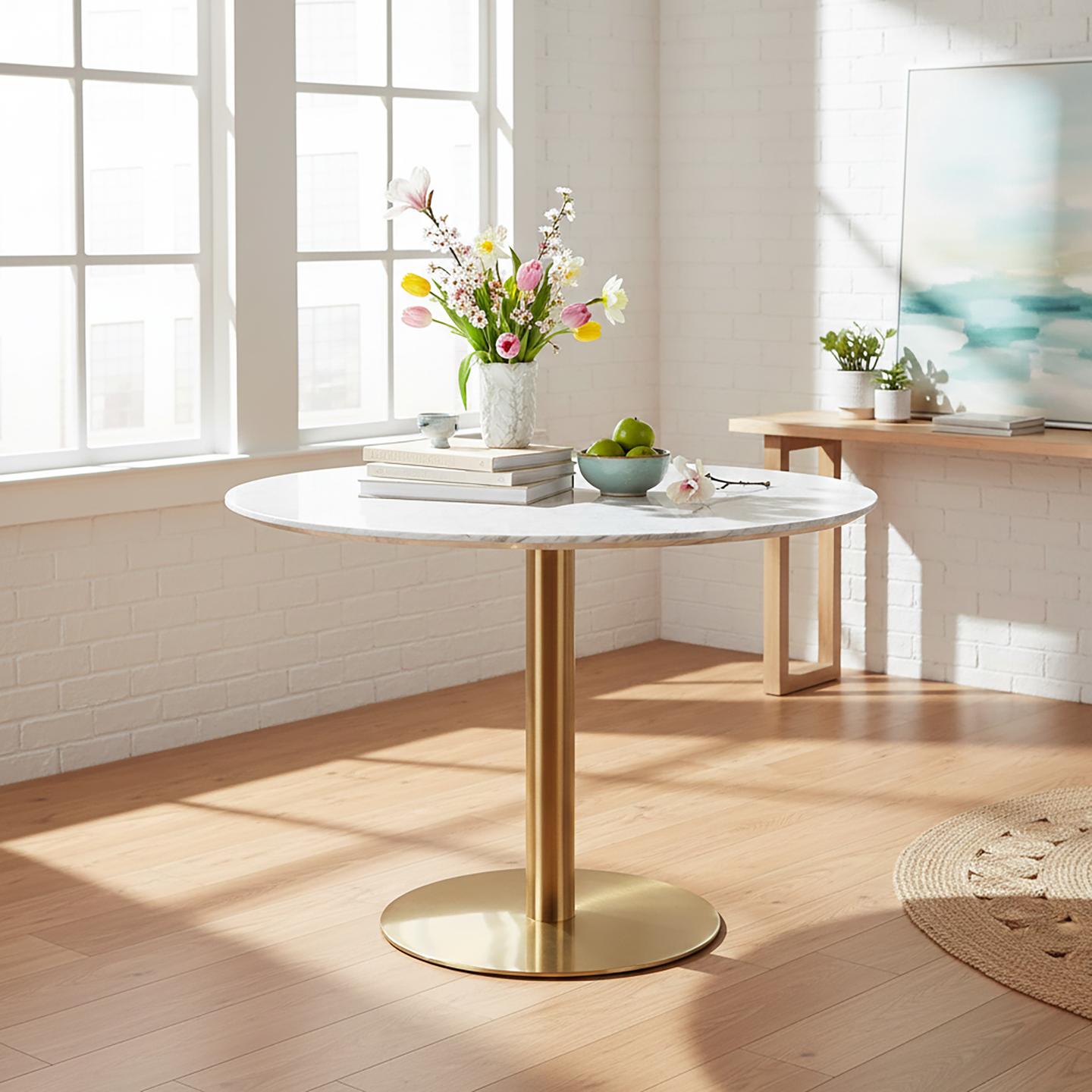 Söögilaud House Nordic Bolzano ümmargune, 110 cm, halli marmori imitatsioon / messingivärvi jalg