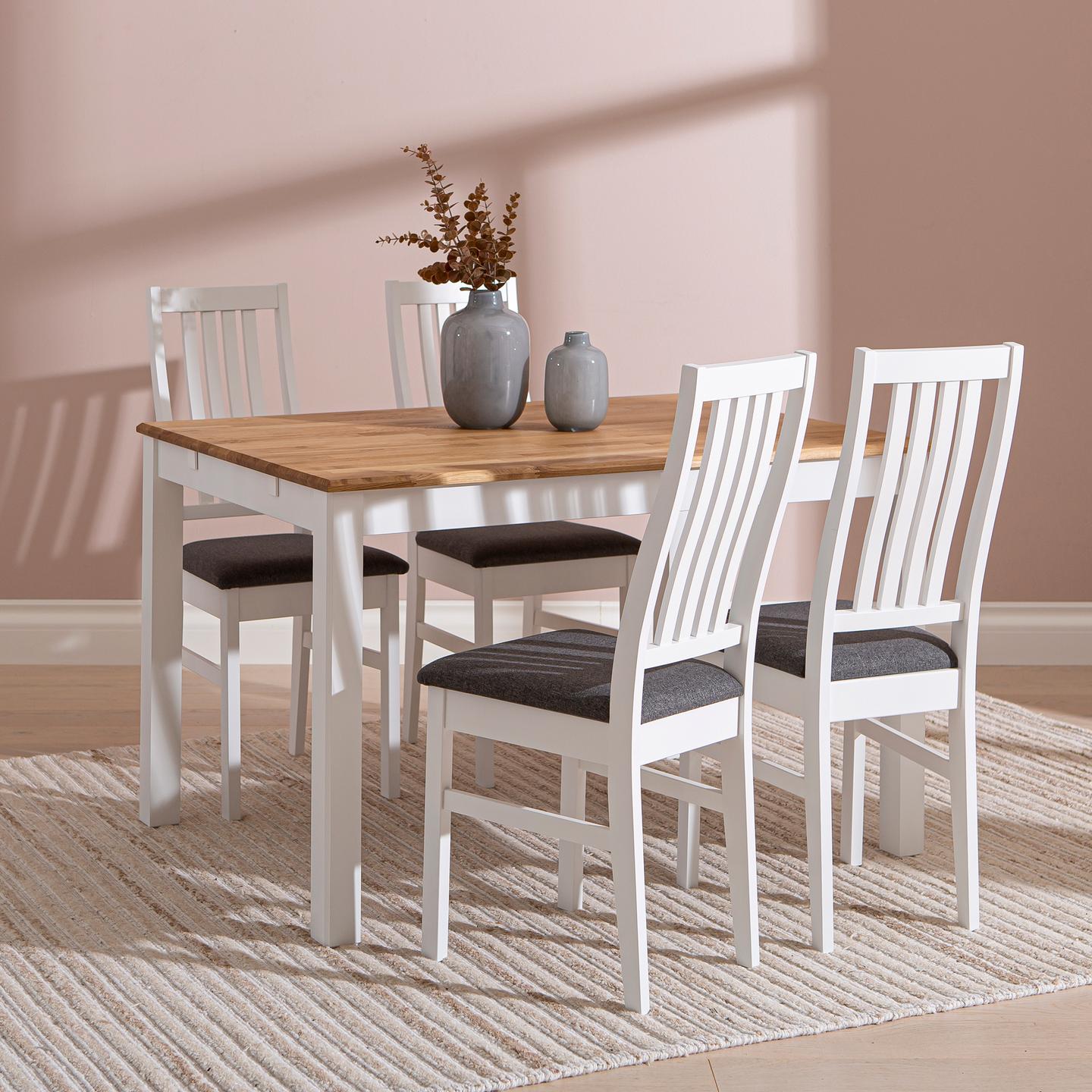 Söögilauakomplekt Hovi 120 x 85. Valge/tammepuidust laud. Valge tool, tumehall polster.