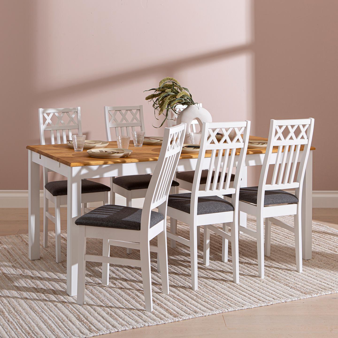 Söögilauakomplekt Hovi 170 x 85. Valge/tamme värvi laud. Valge tool, tumehall polster.