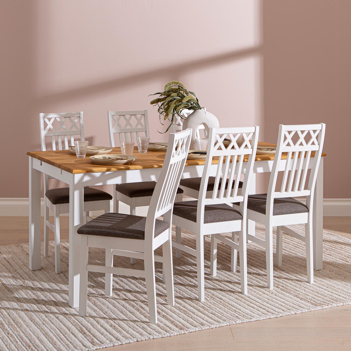 Söögilauakomplekt Hovi 170 x 85. Valge/tamme värvi laud. Valge tool, pruun polster.