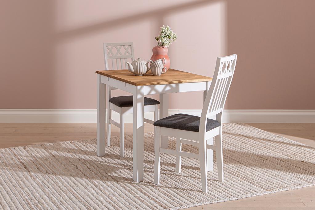 Söögilauakomplekt Hovi 70 x 85. Valge/tamme värvi laud. Valge tool, tumehall polster.