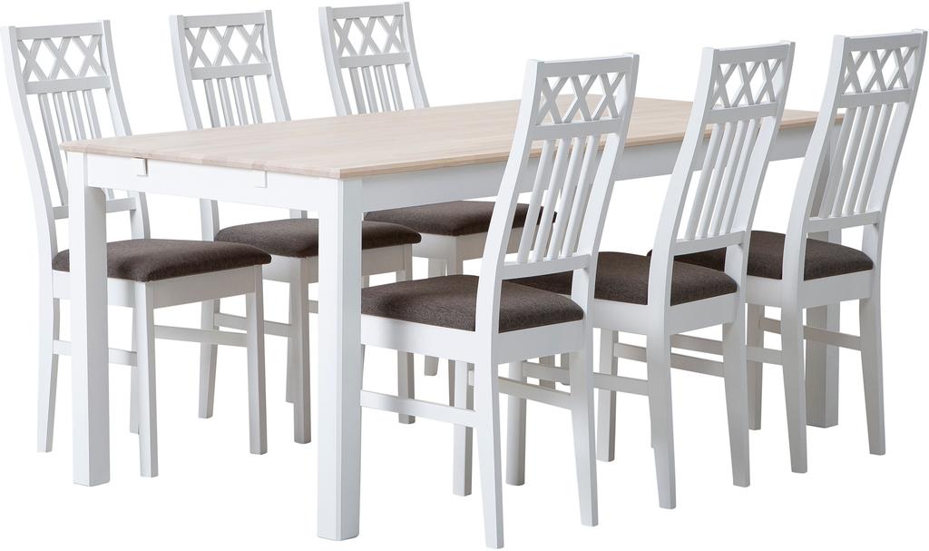 Söögilauakomplekt Hovi 170 x 85 cm kuuele, valge/valge lakitud laud, valge XXX tool, pruun polster