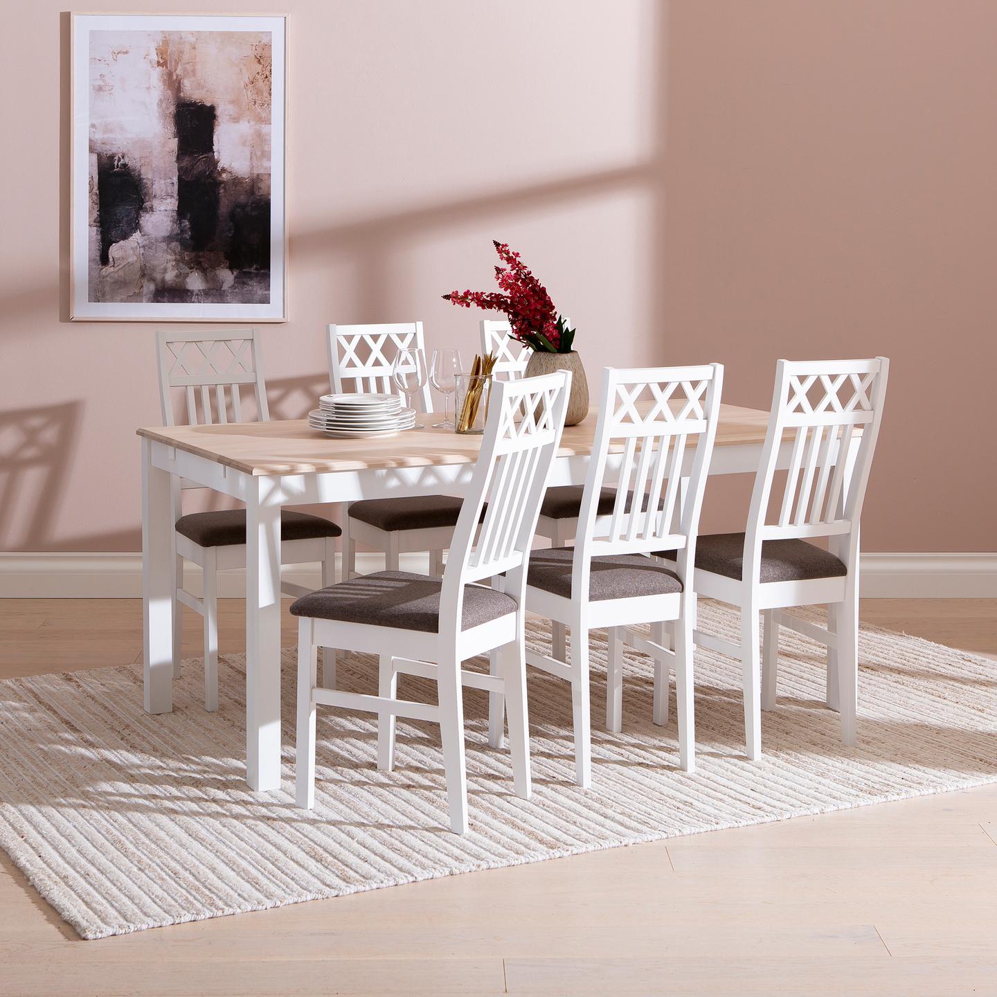 Söögilauakomplekt Hovi 170 x 85 cm kuuele, valge/valge lakitud laud, valge XXX tool, pruun polster