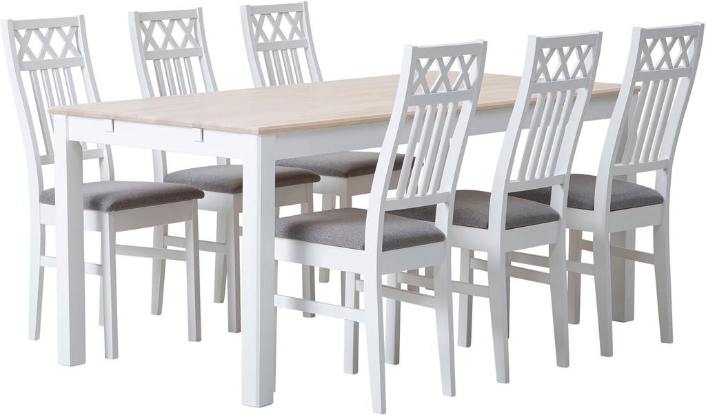 Söögikomplekt Hovi 170 x 85 cm kuuele, valge/valge lakitud laud, valge XXX tool, helehall polster
