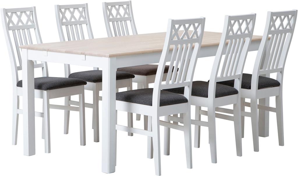 Söögikomplekt Hovi 170 x 85 cm kuuele, valge/valge lakitud laud, valge XXX tool, tumehall polster