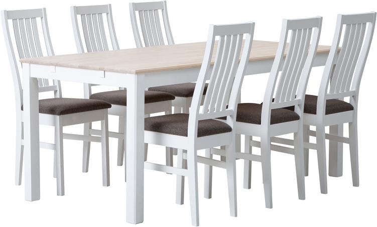 Söögikomplekt Hovi 170 x 85 cm kuuele, valge/valge lakitud laud, valge Delux tool, pruun polster