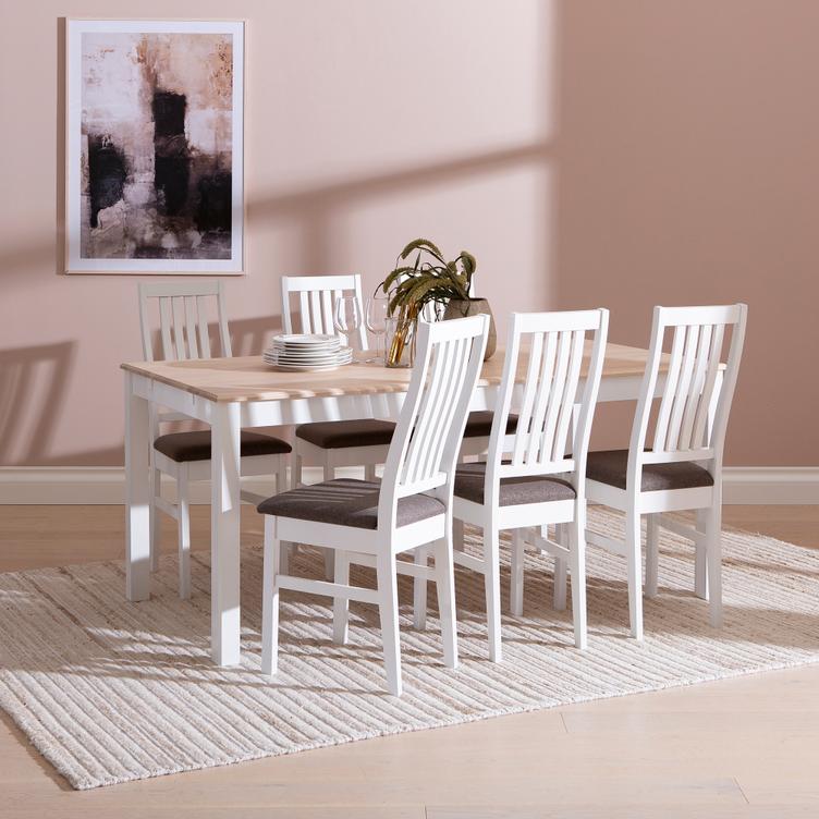 Söögikomplekt Hovi 170 x 85 cm kuuele, valge/valge lakitud laud, valge Delux tool, pruun polster