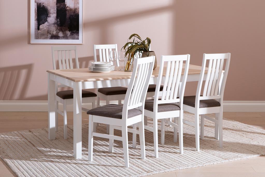 Söögikomplekt Hovi 170 x 85 cm kuuele, valge/valge lakitud laud, valge Delux tool, pruun polster