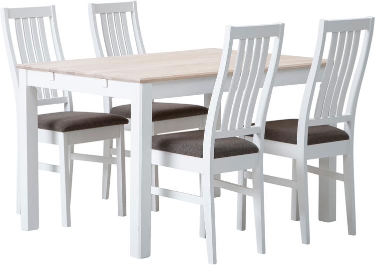 Söögikomplekt Hovi 120 x 85 cm neljale, valge/valge lakitud laud, valge Delux tool, pruun polster