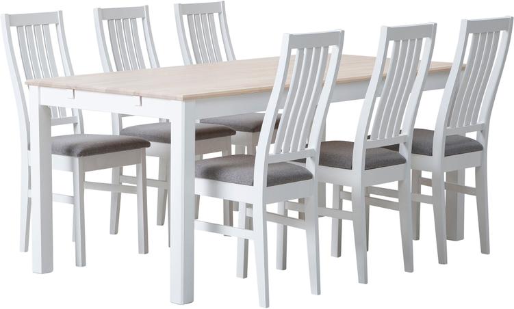 Söögikomplekt Hovi 170 x 85 cm kuuele, valge/valge lakitud laud, valge Delux tool, helehall polster