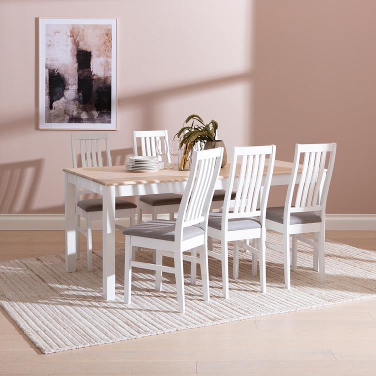 Söögikomplekt Hovi 170 x 85 cm kuuele, valge/valge lakitud laud, valge Delux tool, helehall polster