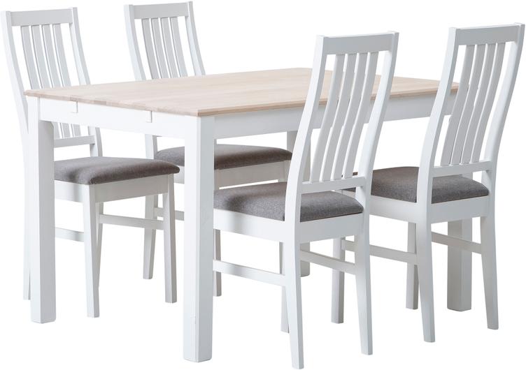 Söögikomplekt Hovi 120 x 85 cm neljale, valge/valge lakitud laud, valge Delux tool, helehall polster