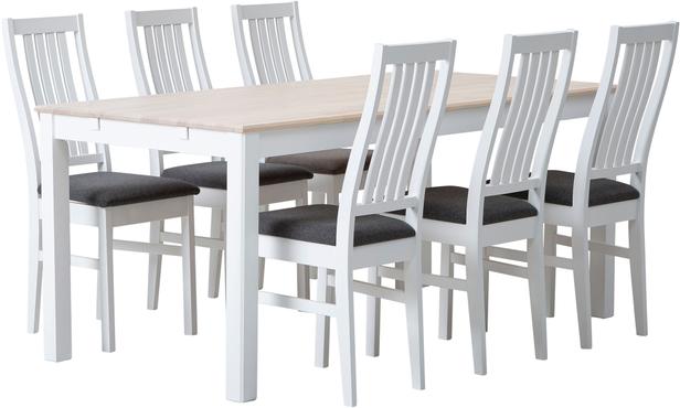 Söögikomplekt Hovi 170 x 85 cm kuuele, valge/valge lakitud laud, valge Delux tool, tumehall polster