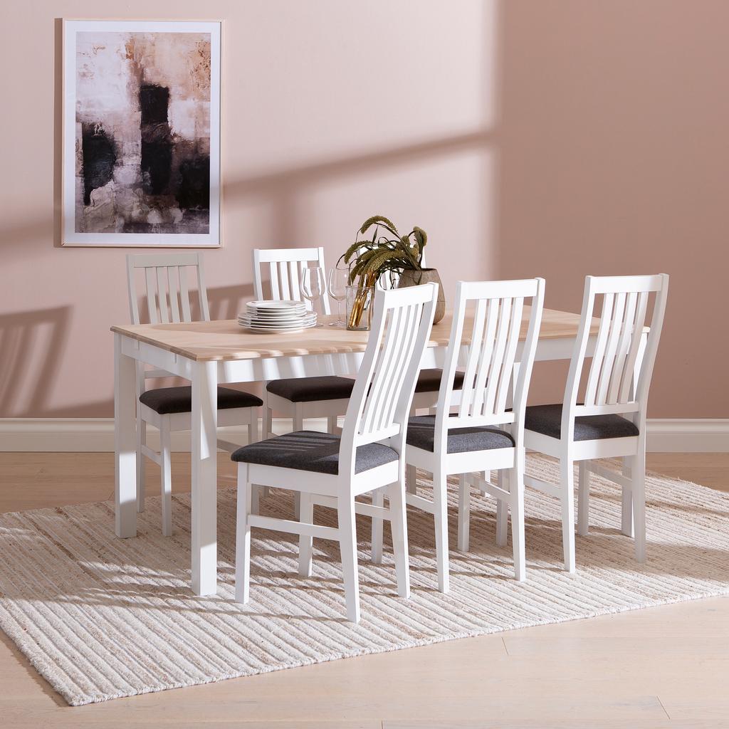 Söögikomplekt Hovi 170 x 85 cm kuuele, valge/valge lakitud laud, valge Delux tool, tumehall polster