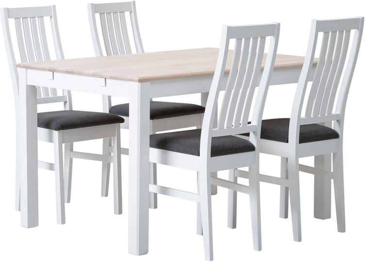 Söögikomplekt Hovi 120 x 85 cm neljale, valge/valge lakitud laud, valge Delux tool, tumehall polster