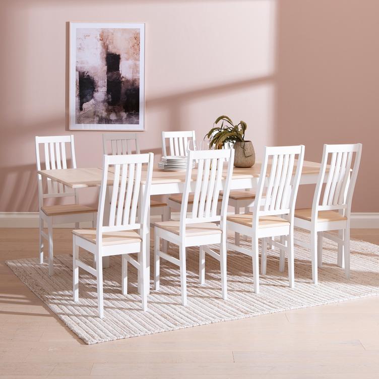 Söögilauakomplekt Hovi 215 x 85 cm, pikendatav, kaheksale, valge/valge lakitud kask (Delux toolid)