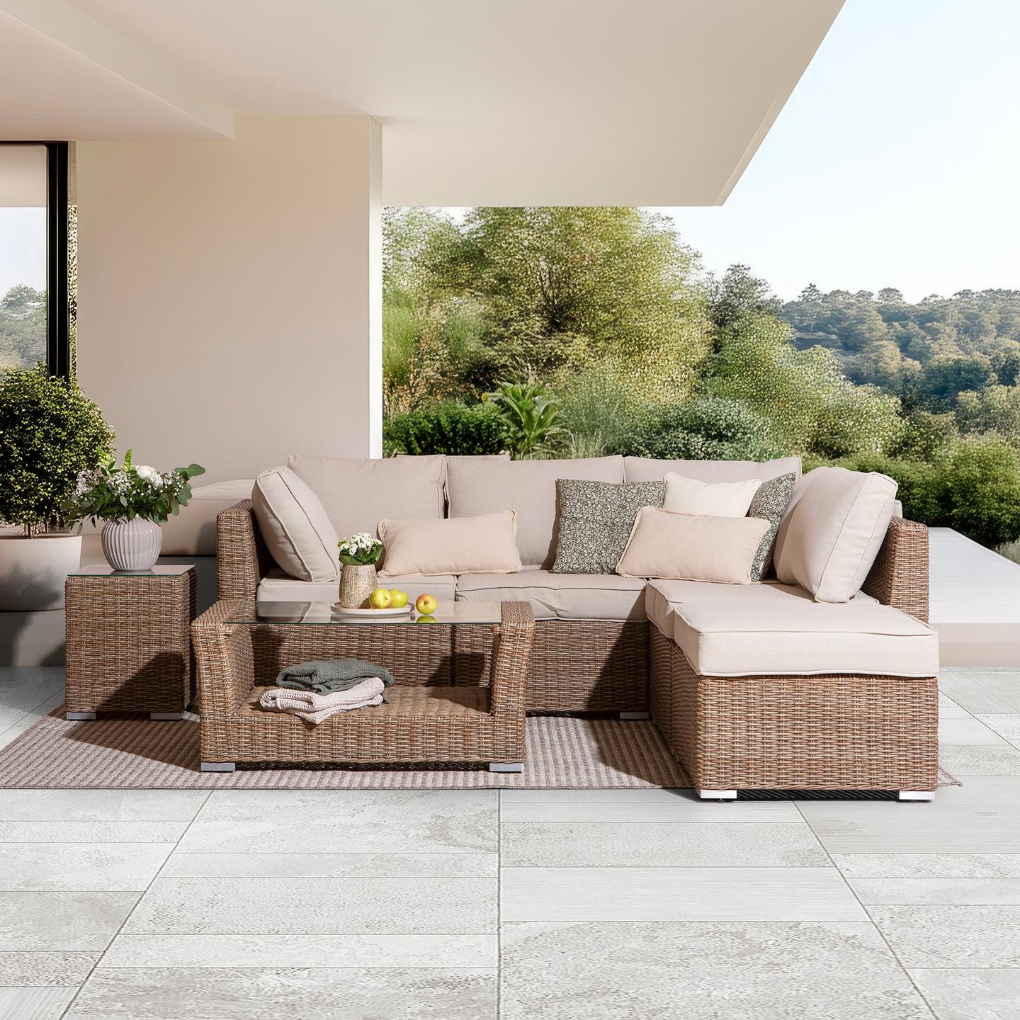 Mode Aiamööbli avatud nurgadiivan naturaalsest värvist madala diivanilauaga