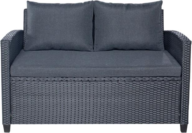 Torino terrassimööbli 2 kohaline diivan, must polürotang / tumehall pehmendus