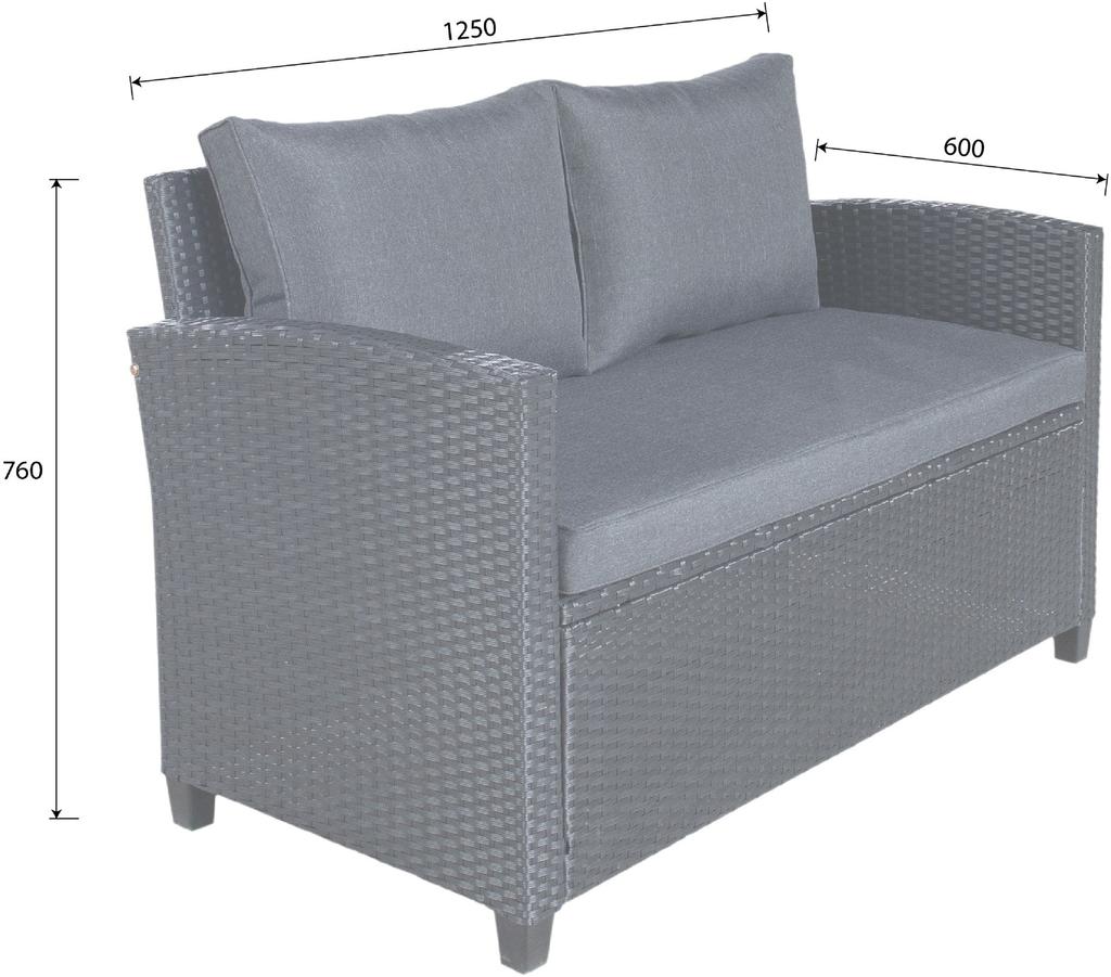 Torino terrassimööbli 2 kohaline diivan, must polürotang / tumehall pehmendus